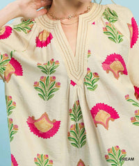 Umgee - Abstract Print Contrast Stitch Top