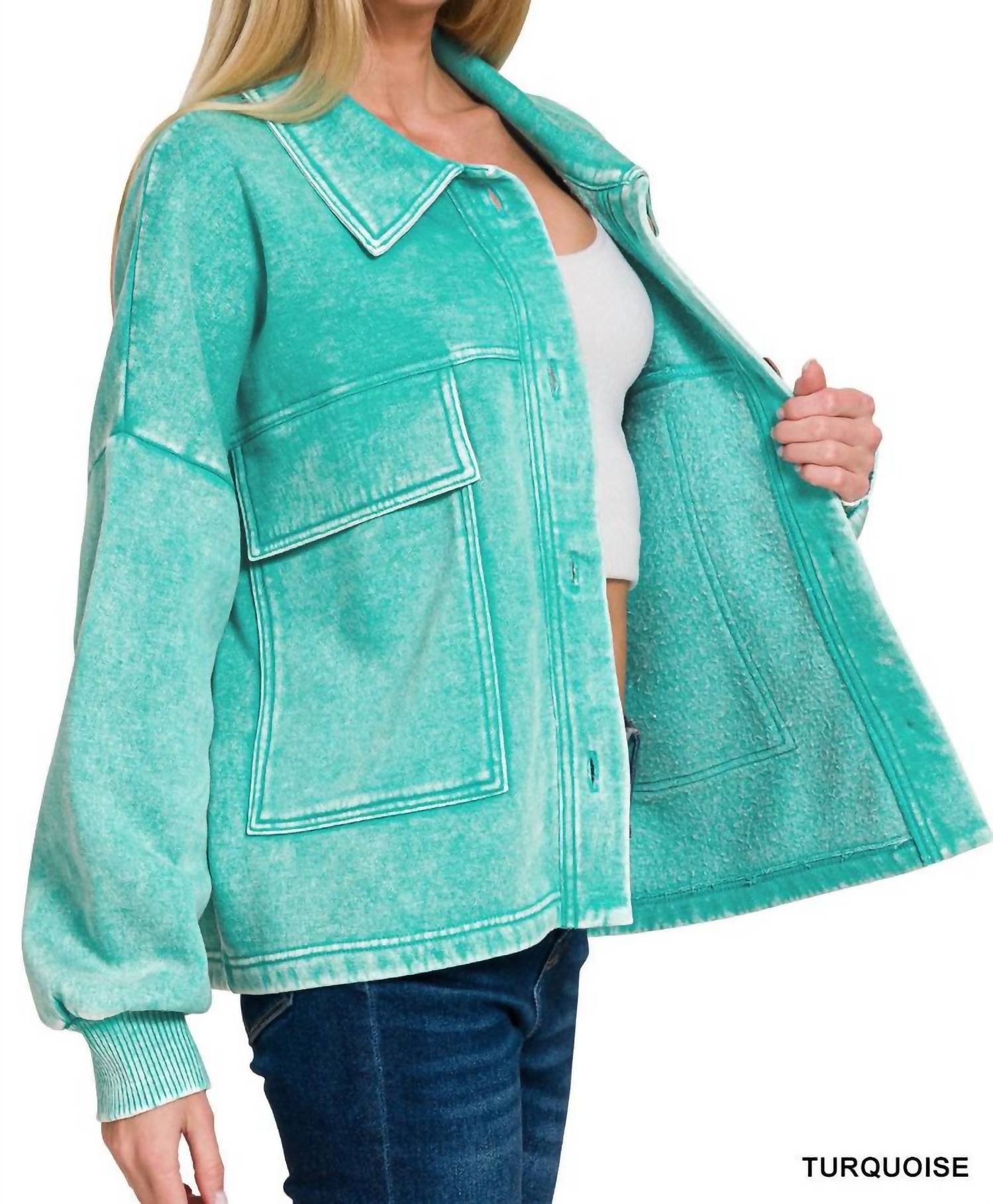Zenana - Acid Wash Fleece Cropped Shacket With Front Pockets