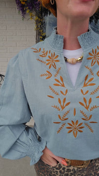 &Merci - Embroidered Smocked Mock Neck Top