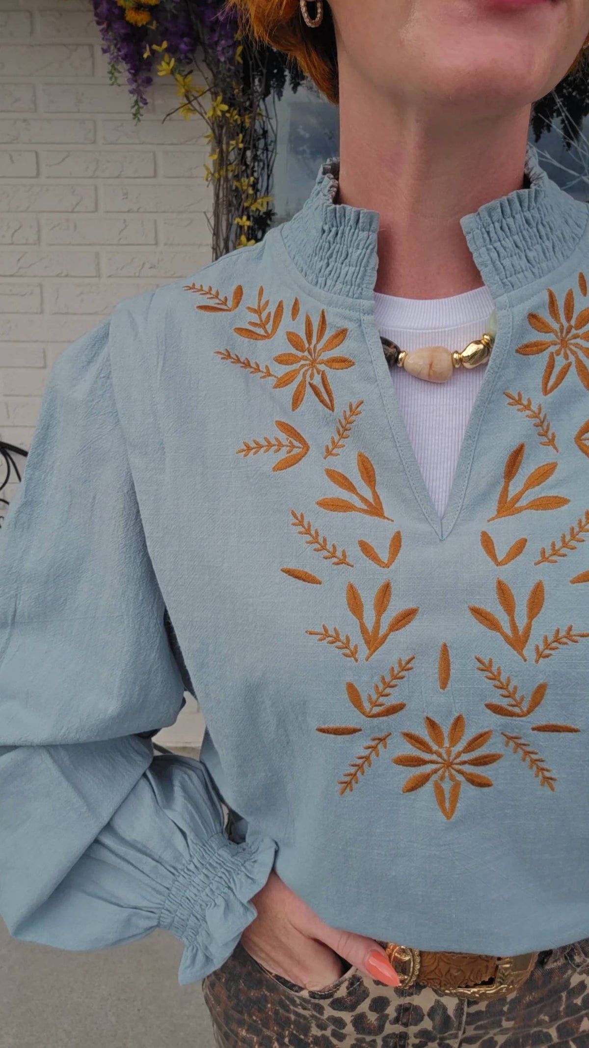 &Merci - Embroidered Smocked Mock Neck Top