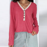 POL Lace-trim Henley Top in raspberry - women's cardigan