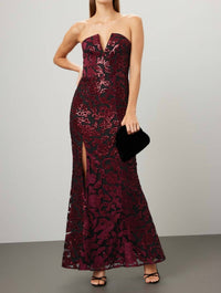 DRESS THE POPULATION Fernanda Floral Sequin Strapless Gown in black burgundy - women's dress