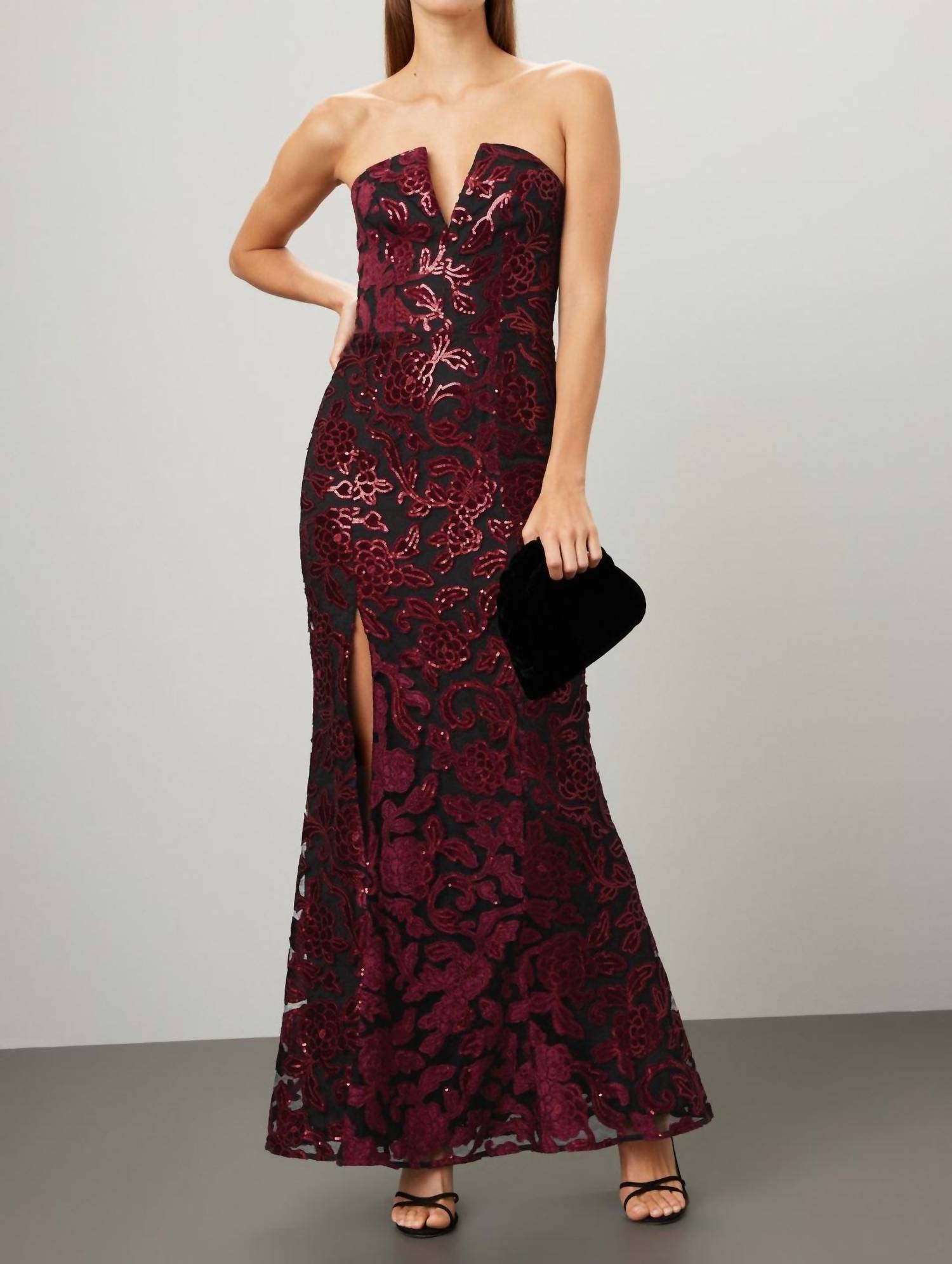 DRESS THE POPULATION Fernanda Floral Sequin Strapless Gown in black burgundy - women's dress