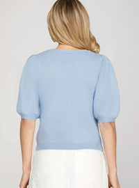 She + Sky - Bow Front V Neck Puff Sleeve Top