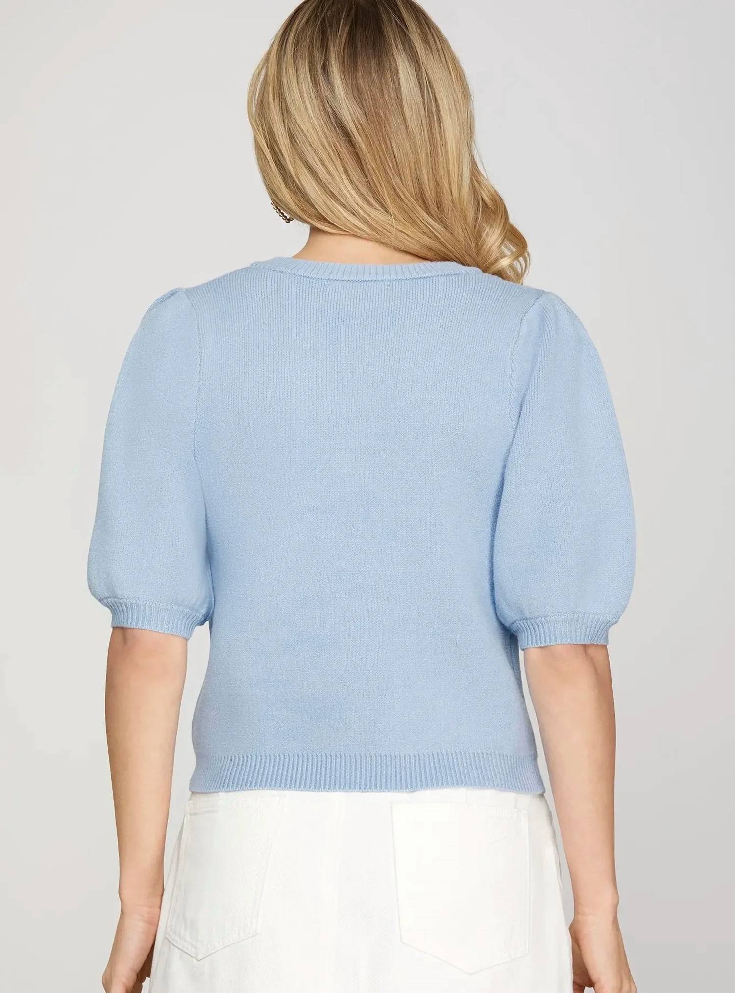 She + Sky - Bow Front V Neck Puff Sleeve Top
