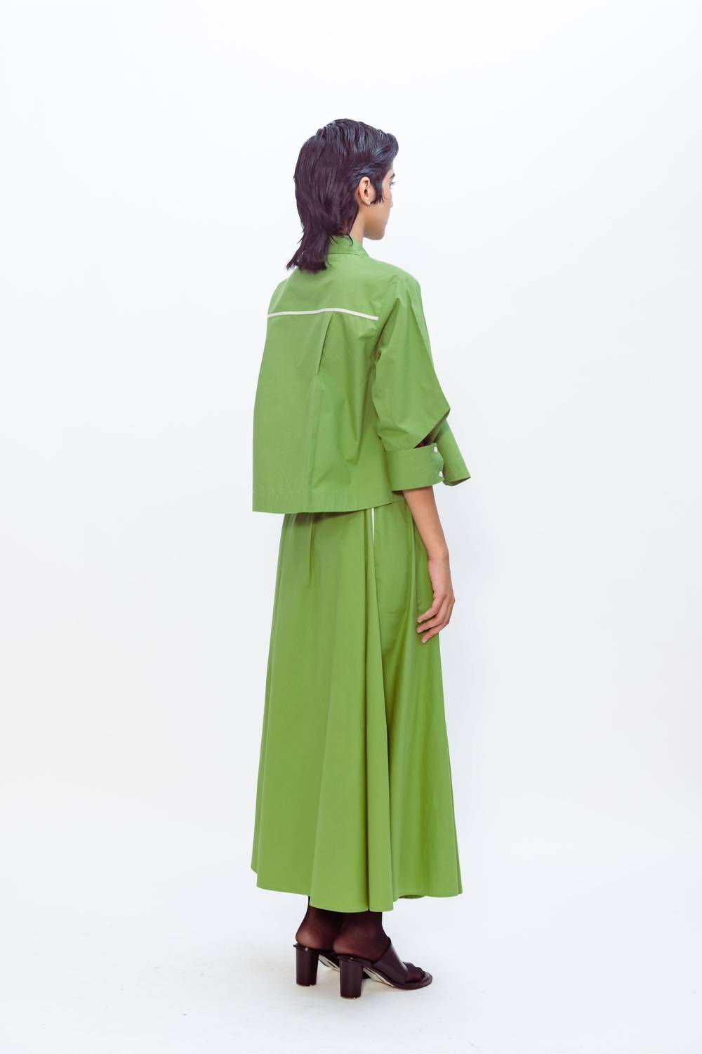 LOVEBIRDS Flux Button Front Shirt in matcha - women's shirt - detail view