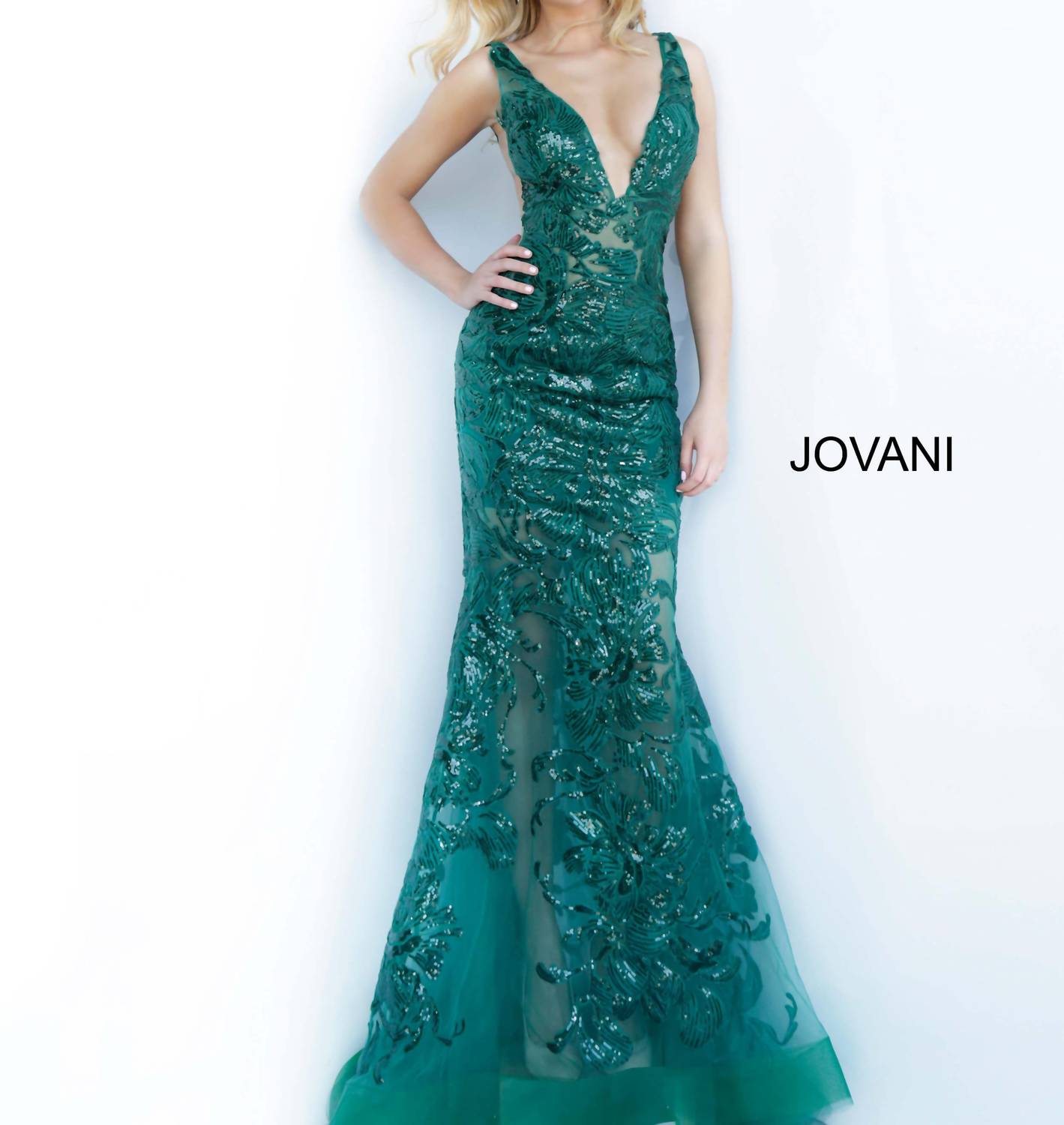 JOVANI Plunging Neckline Embellished Prom Dress in forest - women's dress