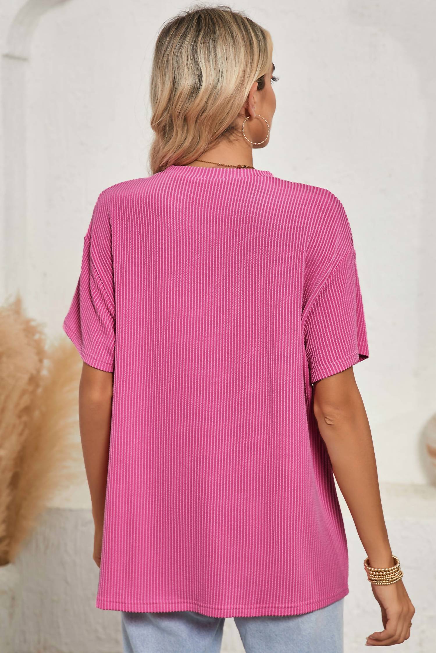 Shewin - Crinkle Corded Loose Fit Top