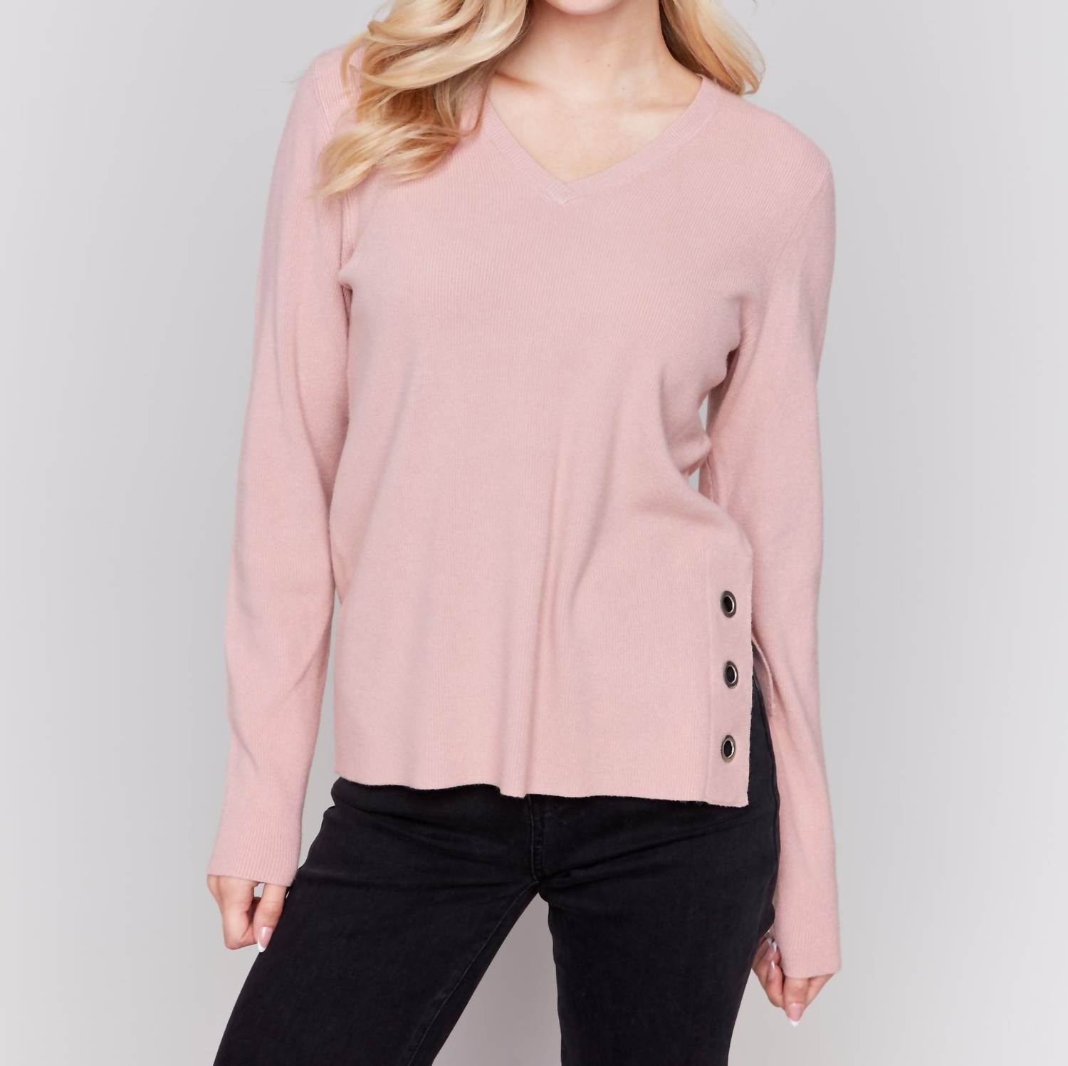 Charlie B - Plushy Knit V-neck Sweater With Grommet Detail