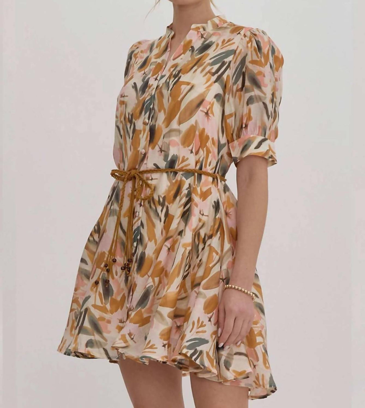 Entro - Women's Leaf Print Braided Belt Shirt Dress