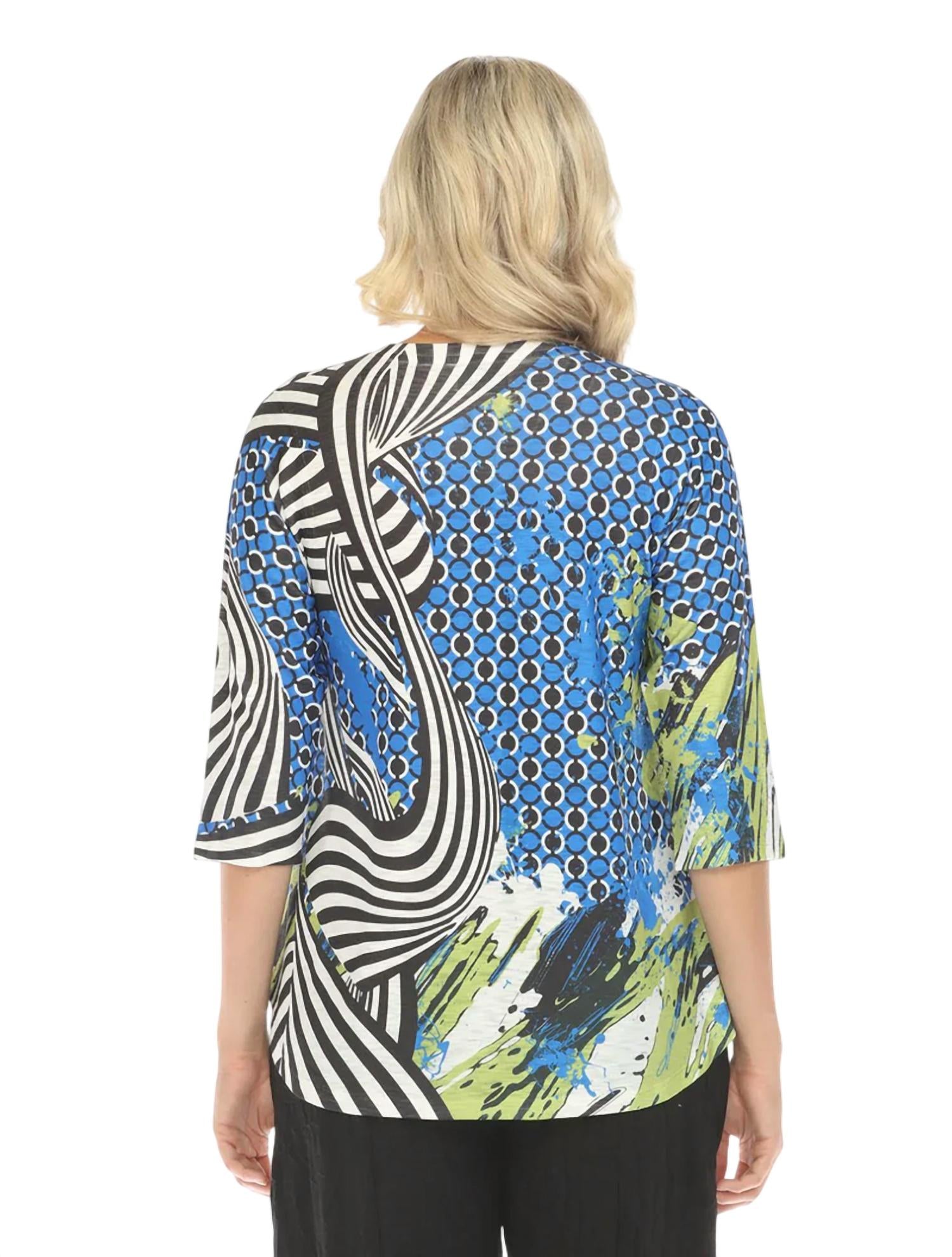 Inoah 3/4 Sleeve V-Neck Printed Top in royal black white - women's blouse - detail view