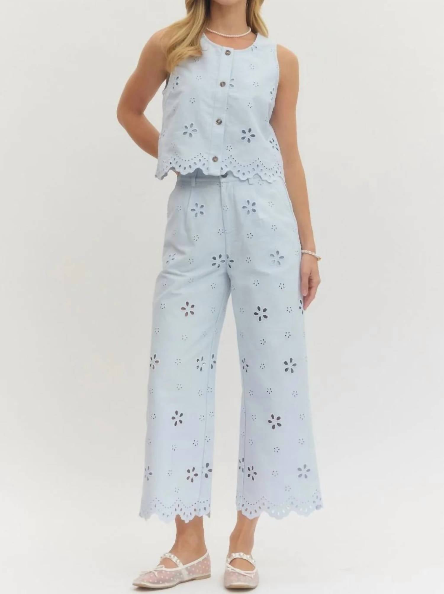 Entro - Fleur Eyelet Embroidered Vest & Pant Set