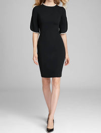 Teri Jon - Short Sleeve Pearl Trim Crepe Sheath Dress