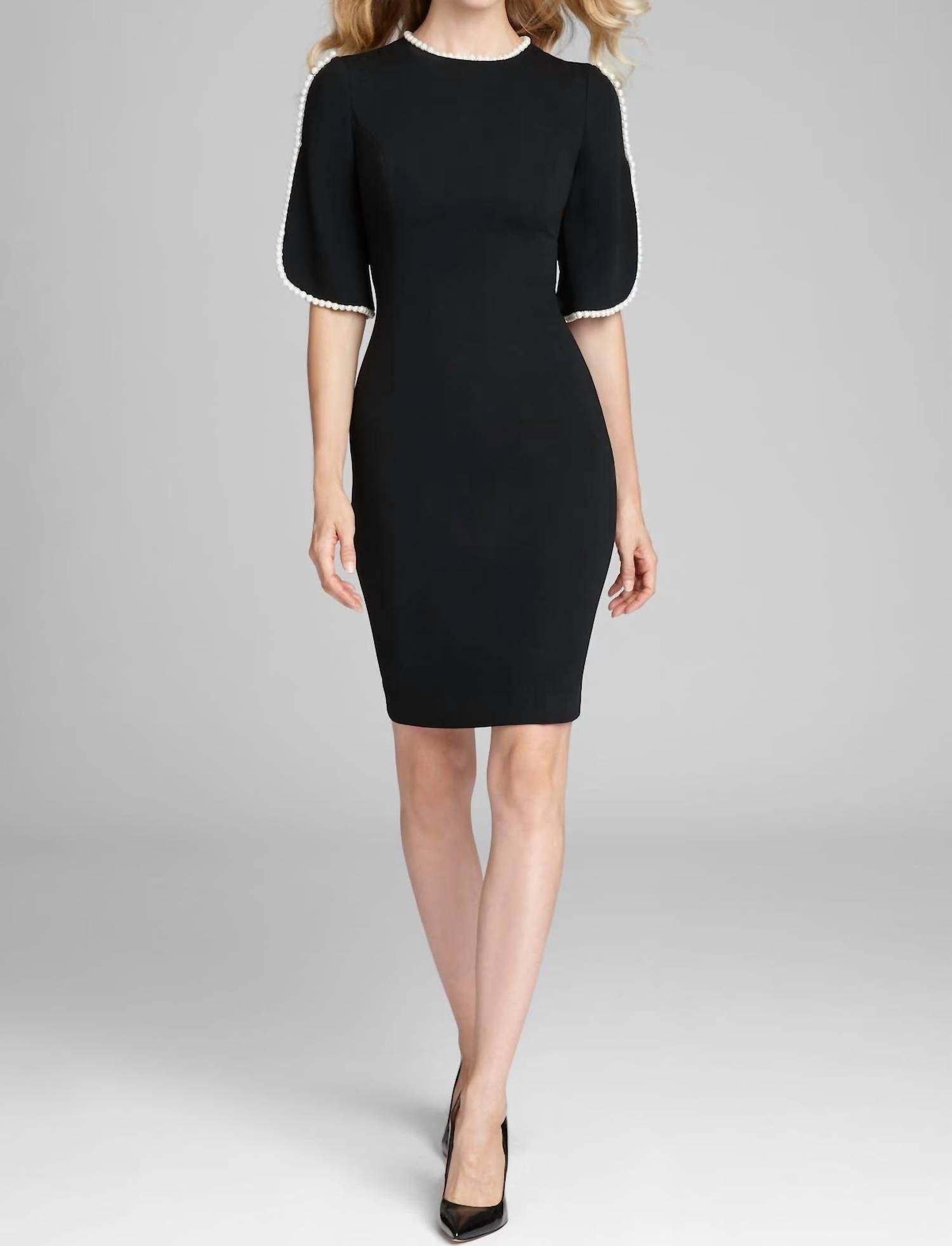 Teri Jon - Short Sleeve Pearl Trim Crepe Sheath Dress