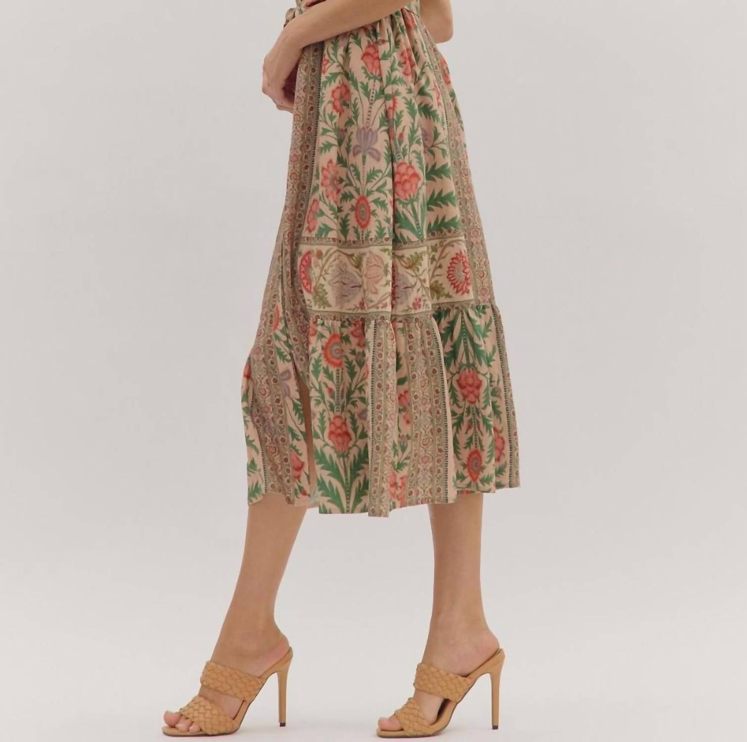 entro Botanical Print Puff Sleeve Midi Dress in natural multi - women's dress - alternate view