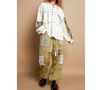 POL Printed Camo Sleeve Elbow Patches Top in cream - women's top - view 5