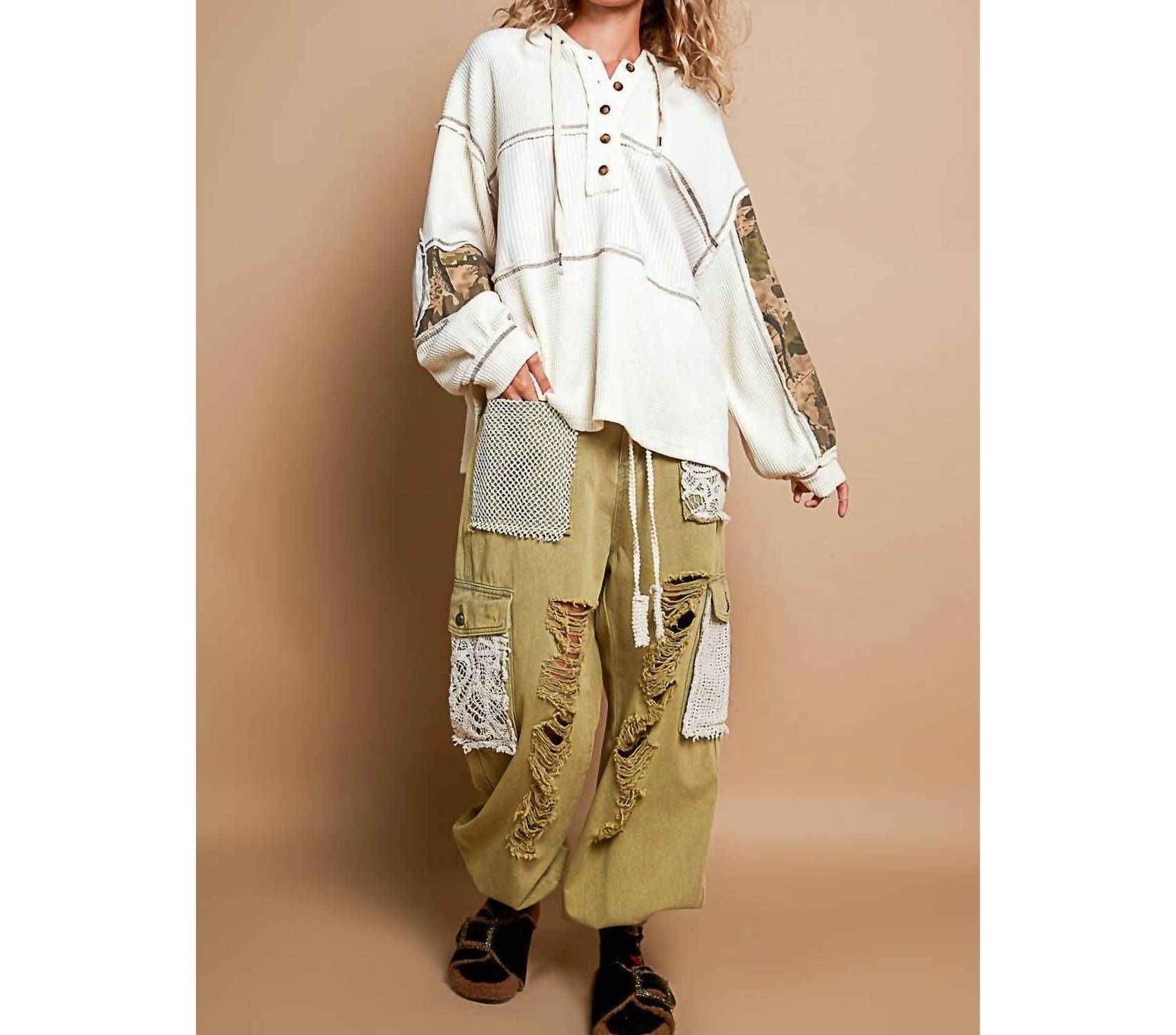POL Printed Camo Sleeve Elbow Patches Top in cream - women's top - view 5