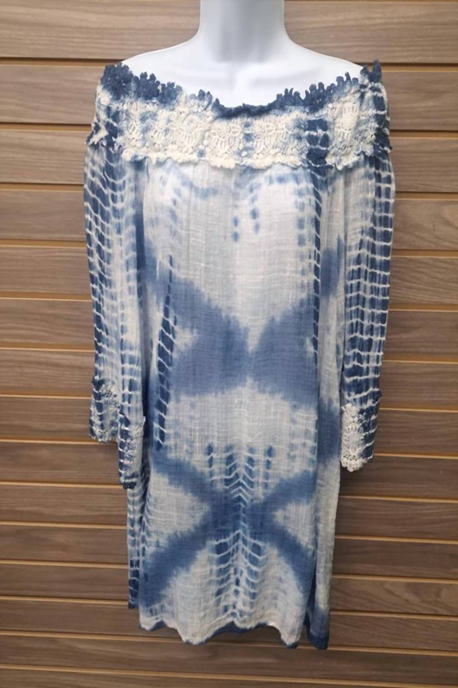 En Creme - Women's Off Shoulder Blue Tie Dye Tunic
