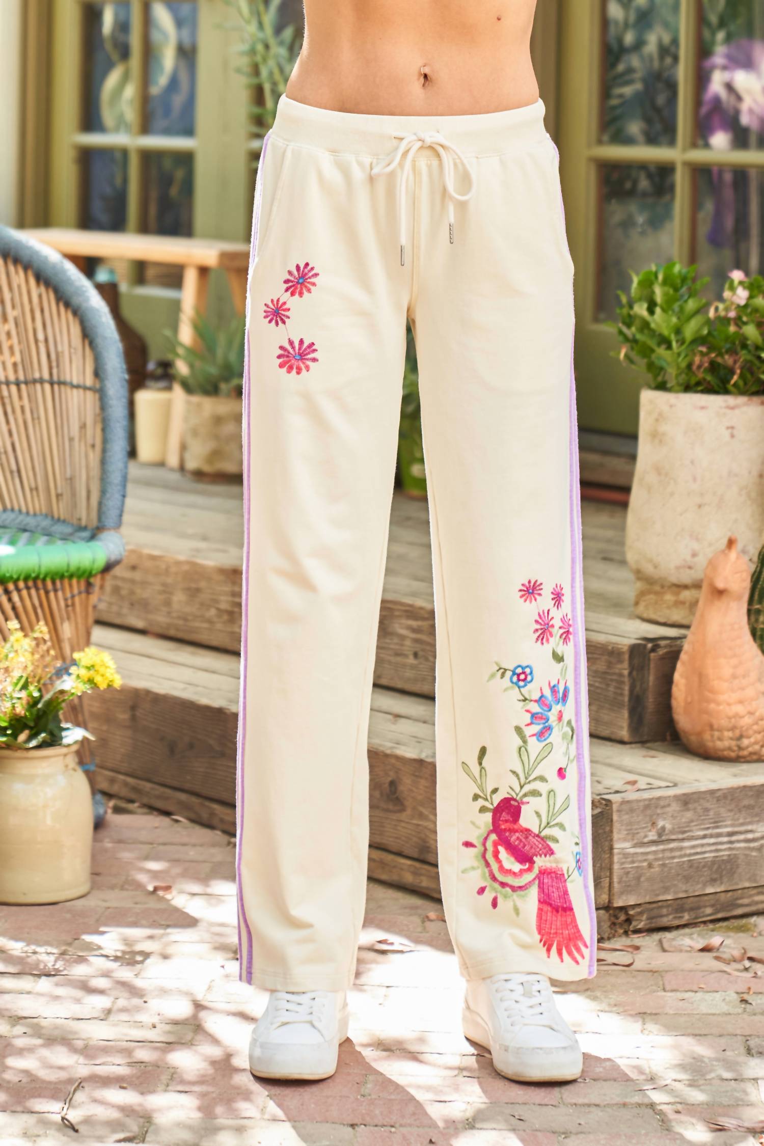 PAPARAZZI Embroidered French Terry Pant in cream - women's pants - detail view