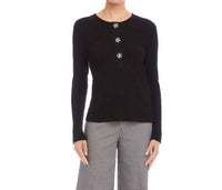 Karen Kane Long Sleeve Ribbed Flower Button Detail Top in black - women's long sleeve top