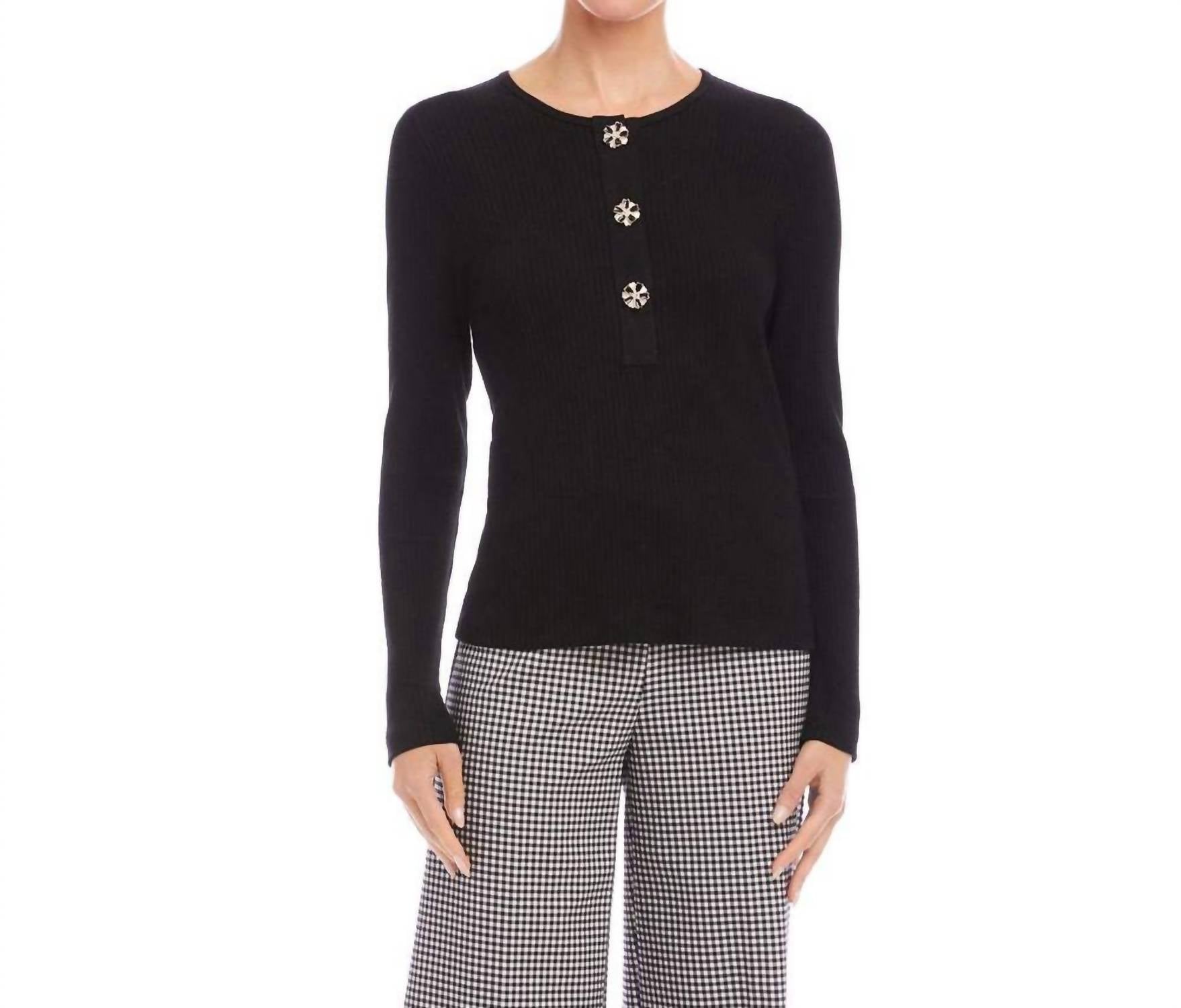 Karen Kane Long Sleeve Ribbed Flower Button Detail Top in black - women's long sleeve top