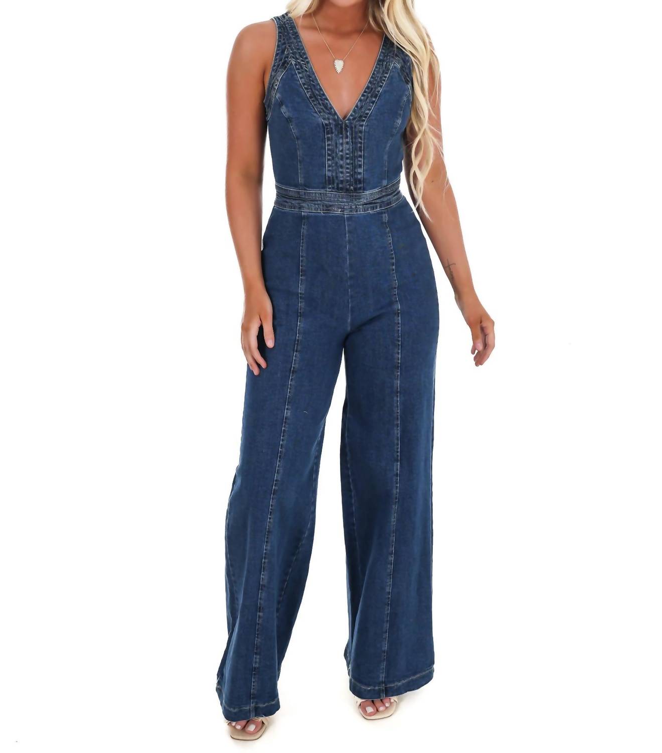 Flying Tomato - Someone Like You V-Neck Denim Jumpsuit