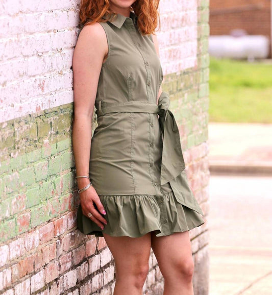 Adora - Waist Tie Button Down Dress With Ruffle Hem