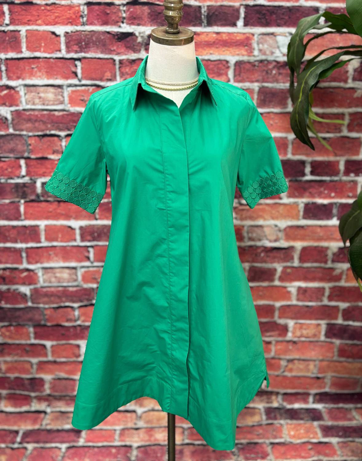 Caryn Lawn Women's Embroidered Sleeve Shirt Dress in emerald green - women's dress