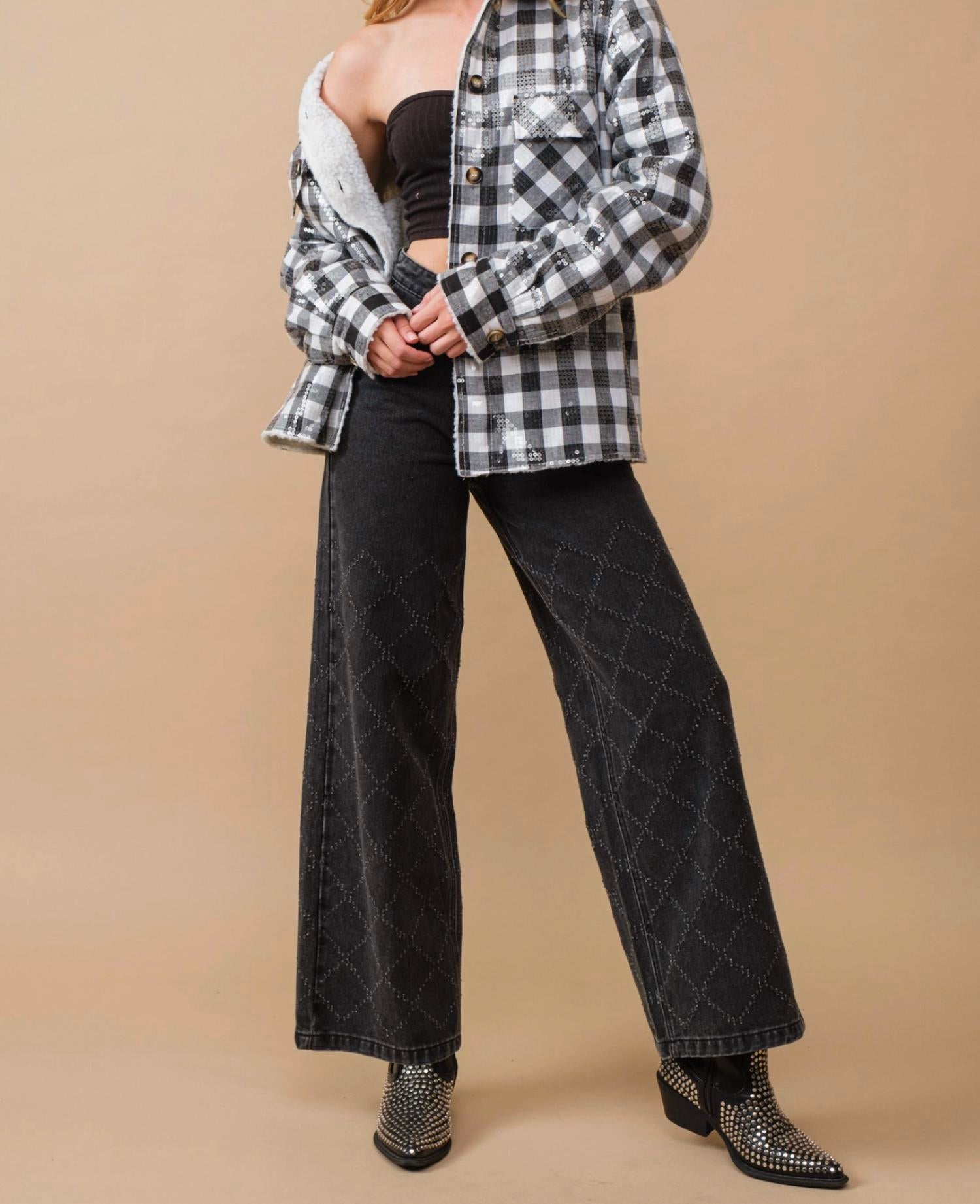 Blue B - Distressed Quilted Slash Wide Leg Mid Rise Denim Jeans