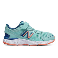 New Balance Little Kid's 680 Running Shoe in bali blue ginger pink - kids' sneaker - detail view