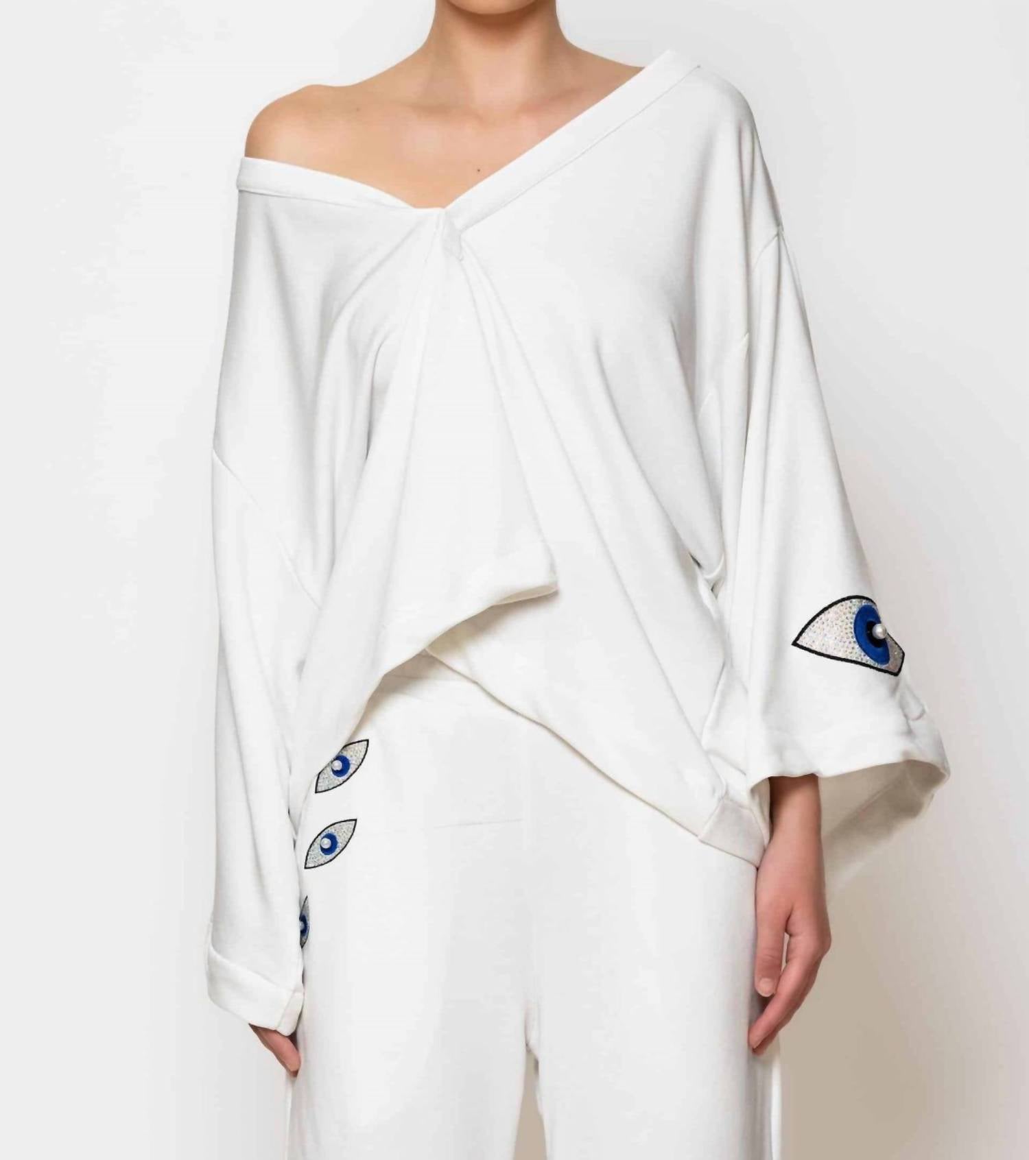 C-Throu - Eye Embroidered Terry Cotton Blouse And Pants Set