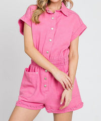 Sewn and Seen Edie Mineral Washed Denim Romper in vintage fuchsia - women's pants - detail view