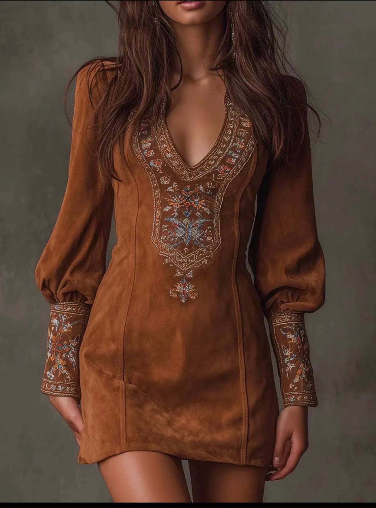Rosa Clothing - Western Cowboy Retro V-Neck Embroidered Dress