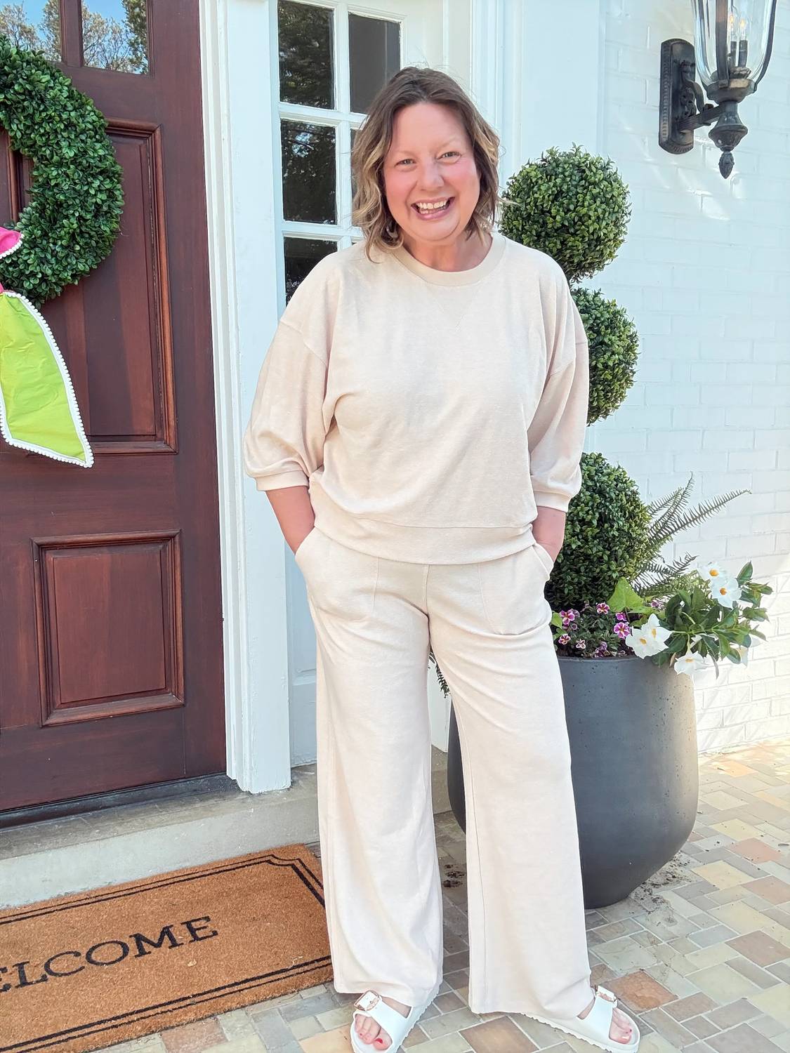 Softies - Terry Cropped Sleeve Crew Neck With Wide Leg Pants