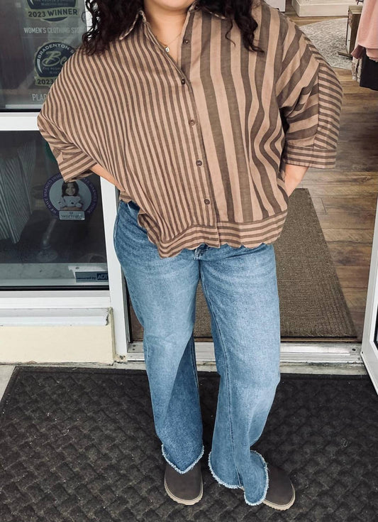 Umgee - Vertical Mix Stripe Button Down Shacket Top