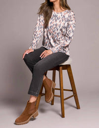 Tribal - Fuzzy Soft Crew Neck Combo Print Knit Top