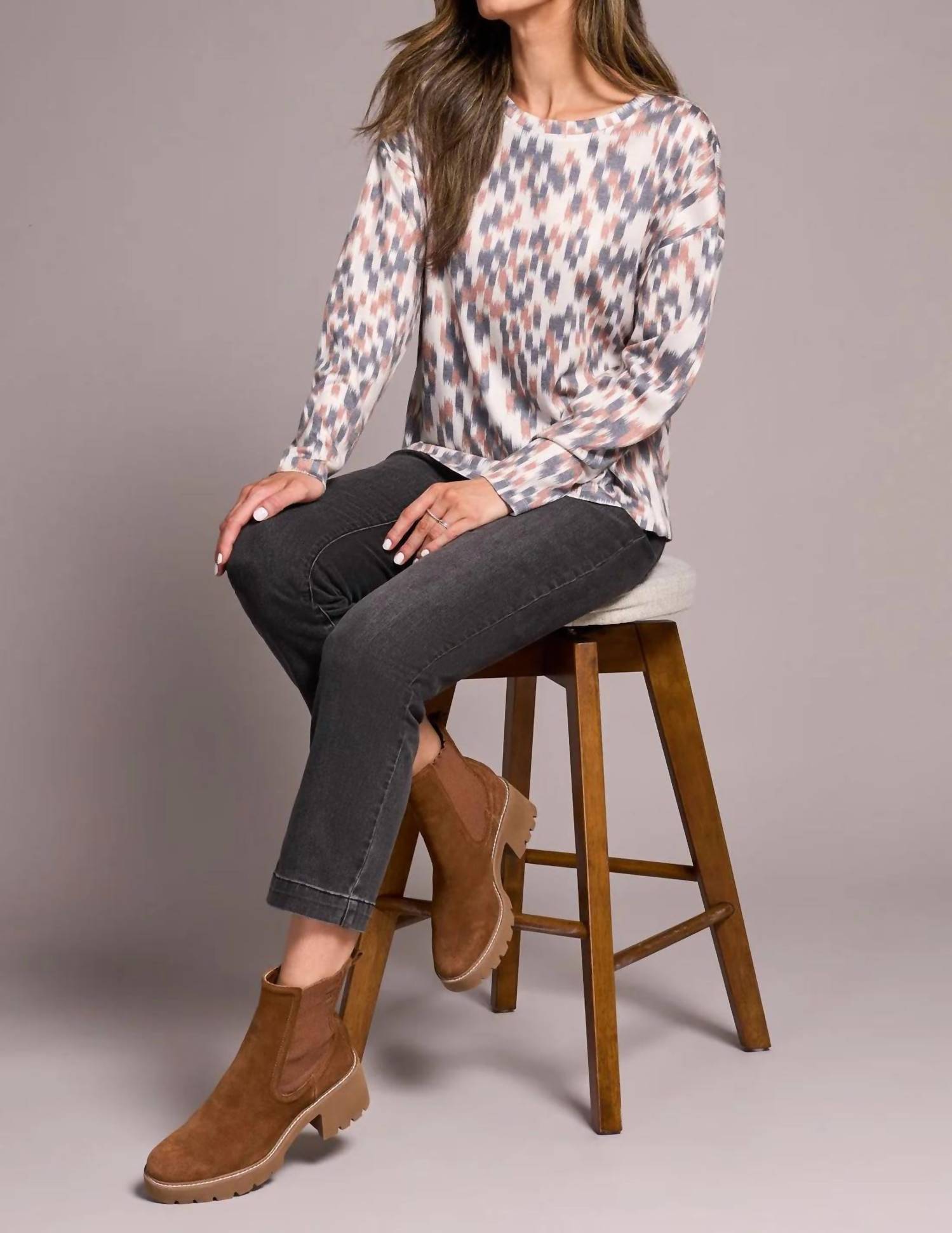 Tribal - Fuzzy Soft Crew Neck Combo Print Knit Top