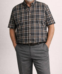 R-Options Classic Plaid Short Sleeve Button Down Shirt - Tan, Navy, and Black Plaid in multi color - men's t-shirt - detail view