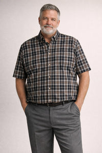 R-Options Classic Plaid Short Sleeve Button Down Shirt - Tan, Navy, and Black Plaid in multi color - men's t-shirt - alternate view