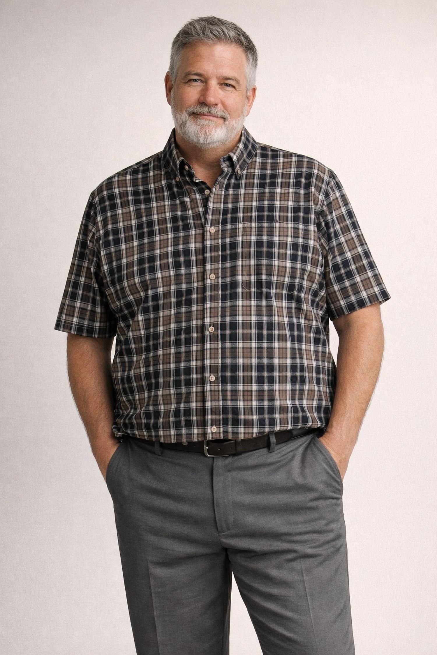 R-Options Classic Plaid Short Sleeve Button Down Shirt - Tan, Navy, and Black Plaid in multi color - men's t-shirt - alternate view