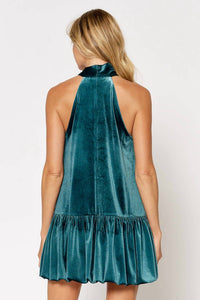 Lalavon - Velvet Halter Bow Tie Bubble Hem Mini Dress