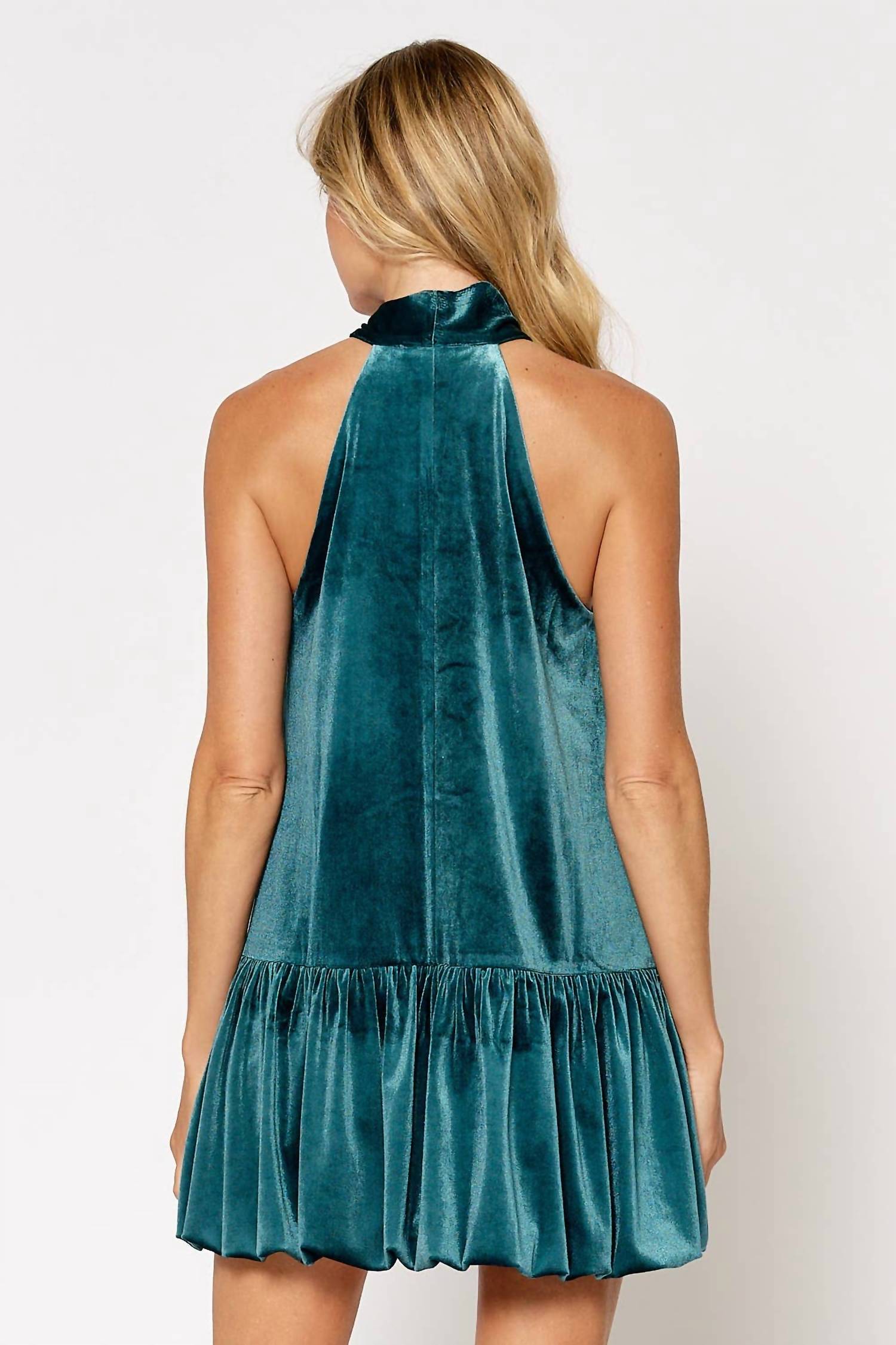 Lalavon - Velvet Halter Bow Tie Bubble Hem Mini Dress