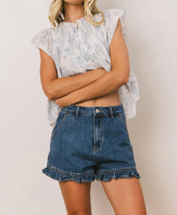 Miou Muse - Women's High-waisted Ruffle Hem Denim Shorts