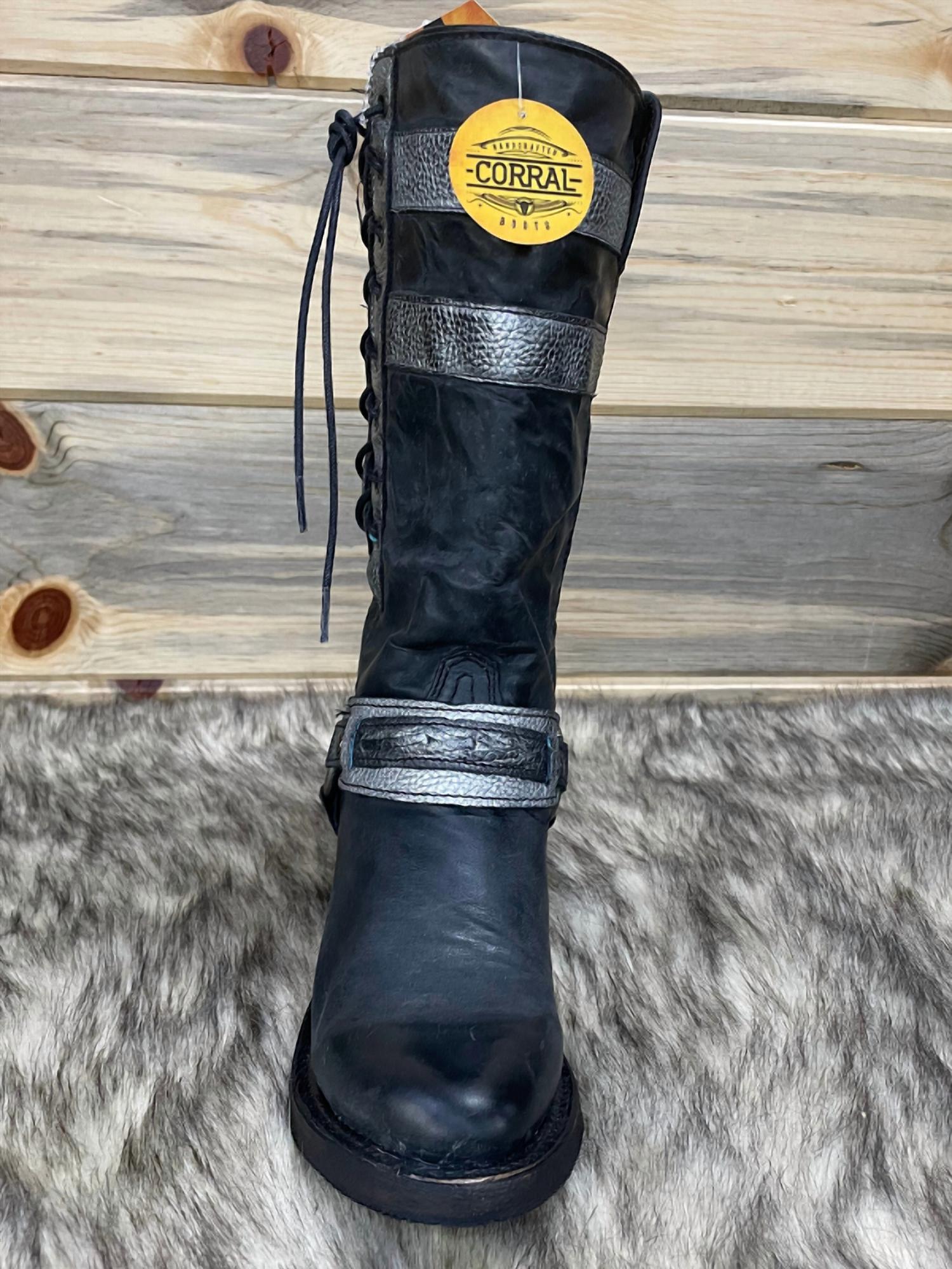 Leather & Side Laces Harness Round Toe Boots