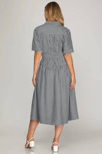 She + Sky - Short Sleeve Button Down Striped Midi Dress