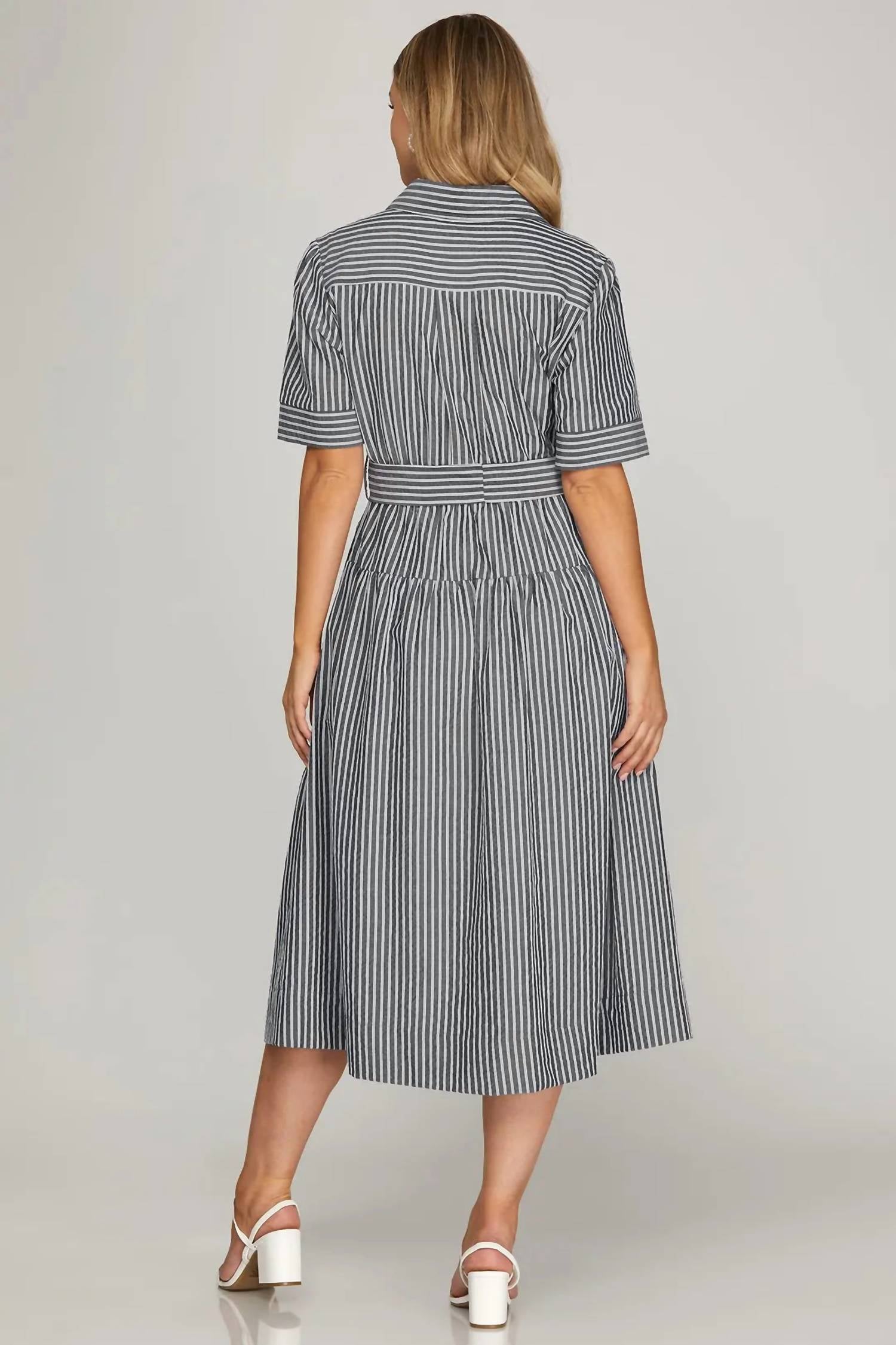 She + Sky - Short Sleeve Button Down Striped Midi Dress