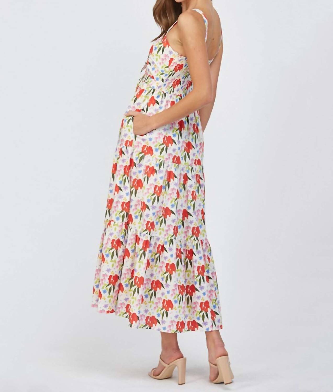 Fate Cut Out Tie Front Floral Maxi Dress in cream - women's dress - detail view
