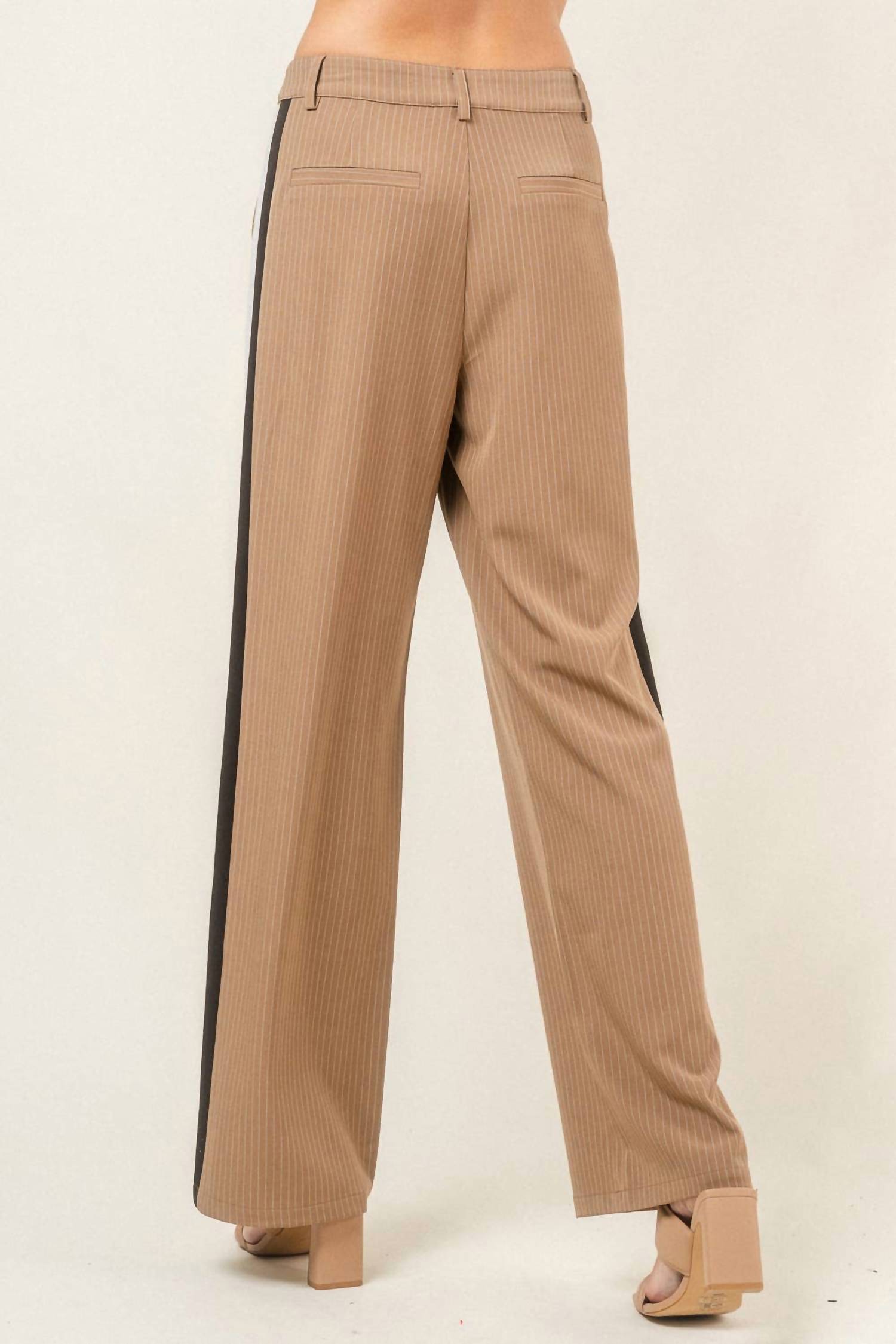 Fore Collection COLOR BLOCKED WIDE LEG PINSTRIPE PANTS in beige - women's pants - detail view