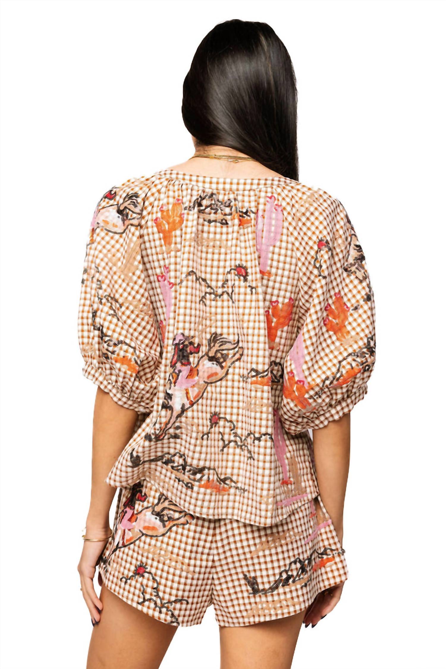 Queen Of Sparkles - Gingham Bucking Cowgirl Button Up Cotton Top