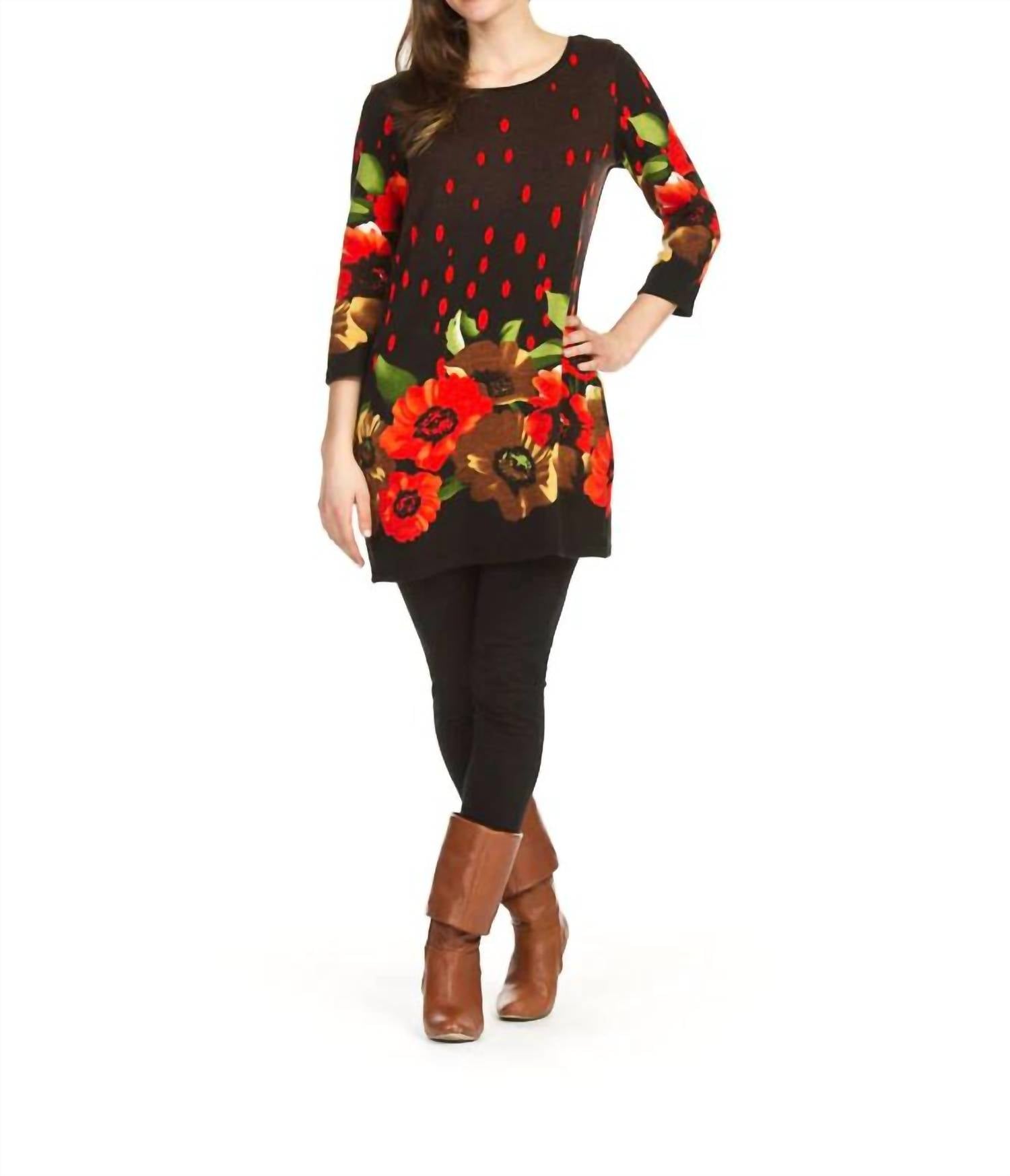 Papillon - Floral Polka Dot Border Print 3/4 Sleeve Dress